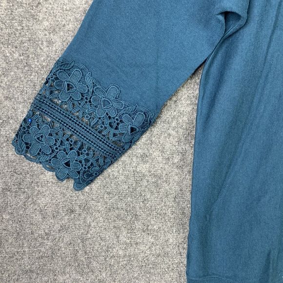 Talbots Sweater Long Sleeve With Crochet Cuffs Fine Knit Women L Teal Green - Picture 10 of 11